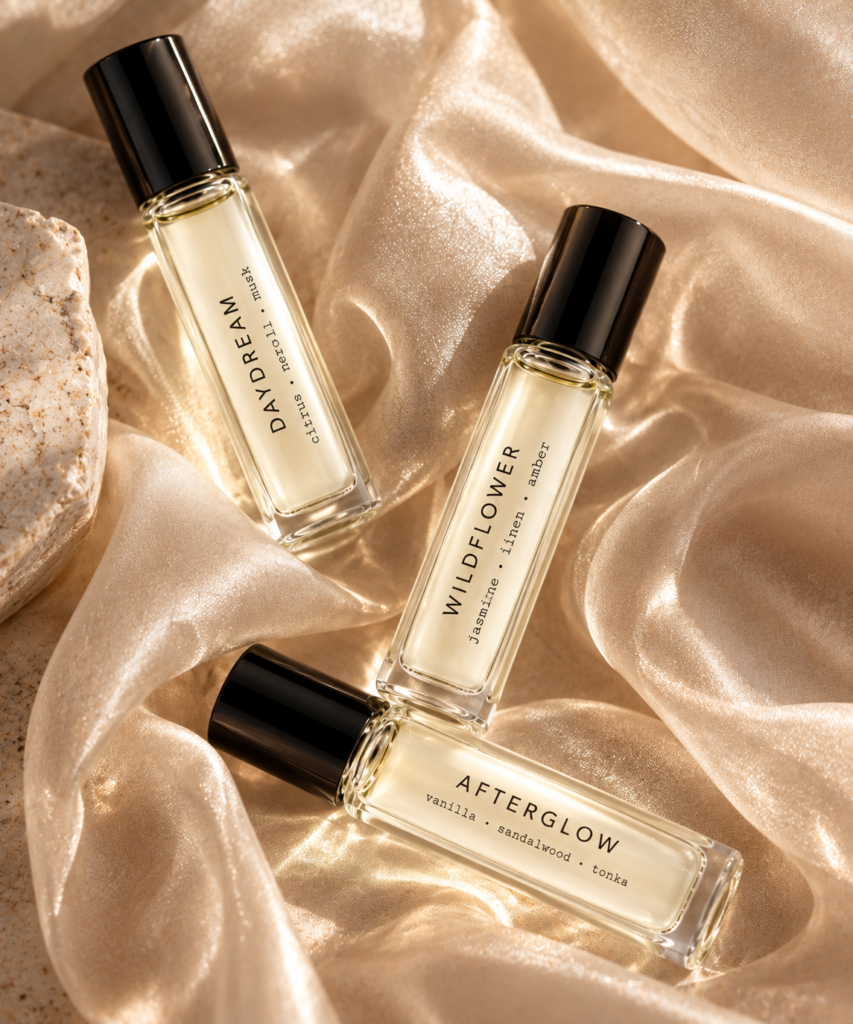 Three perfume oil rollerball bottles scattered across champagne satin, featuring golden fragrance oils, glossy black caps, and warm dramatic lighting.