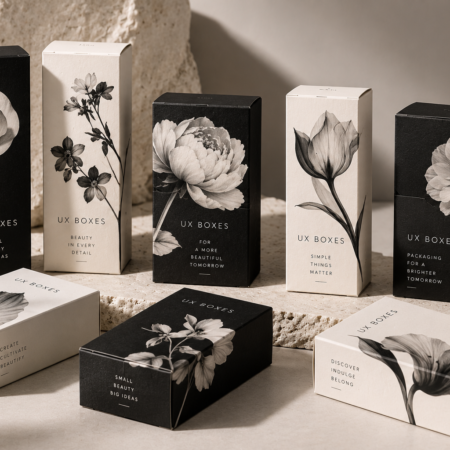 UX BOXES beauty sampler collection featuring small black and white tuck boxes with artistic monochrome floral illustrations, styled on neutral stone pedestals.