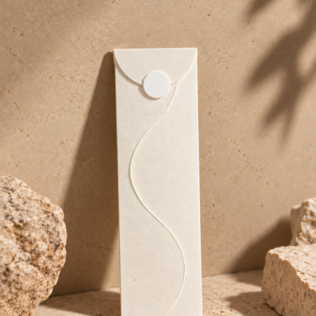 UX BOXES Wavelet envelope in natural ivory bamboo paper with a half-dome flap, white wafer seal, and sculptural wave closure on an earthy stone background.