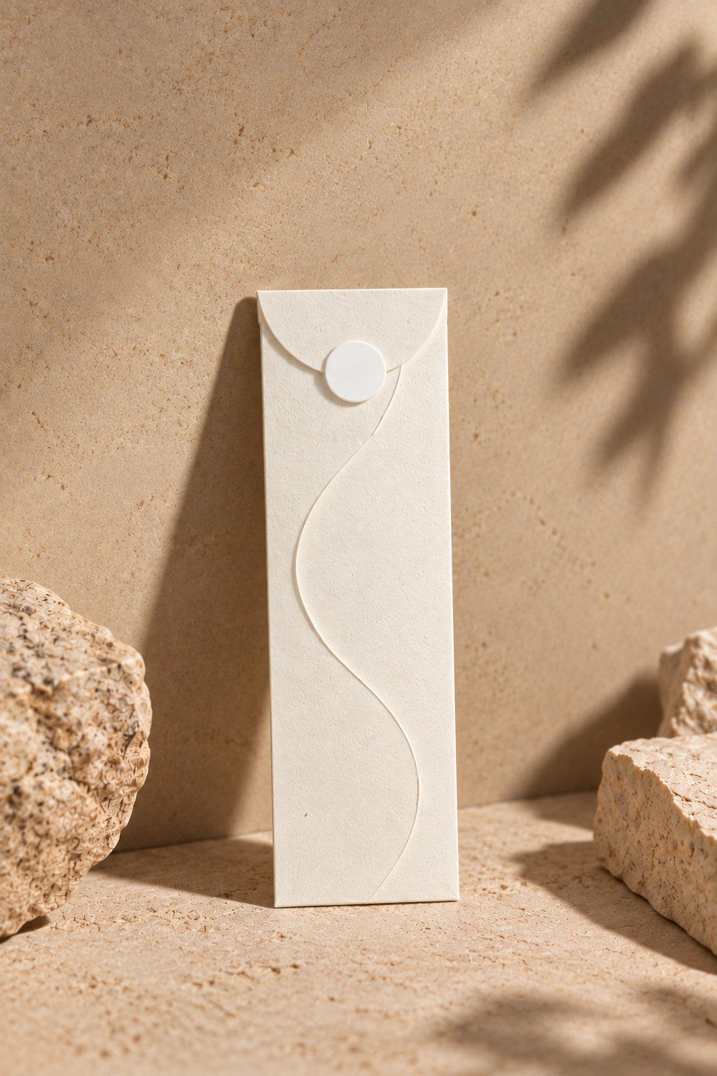 UX BOXES Wavelet envelope in natural ivory bamboo paper with a half-dome flap, white wafer seal, and sculptural wave closure on an earthy stone background.