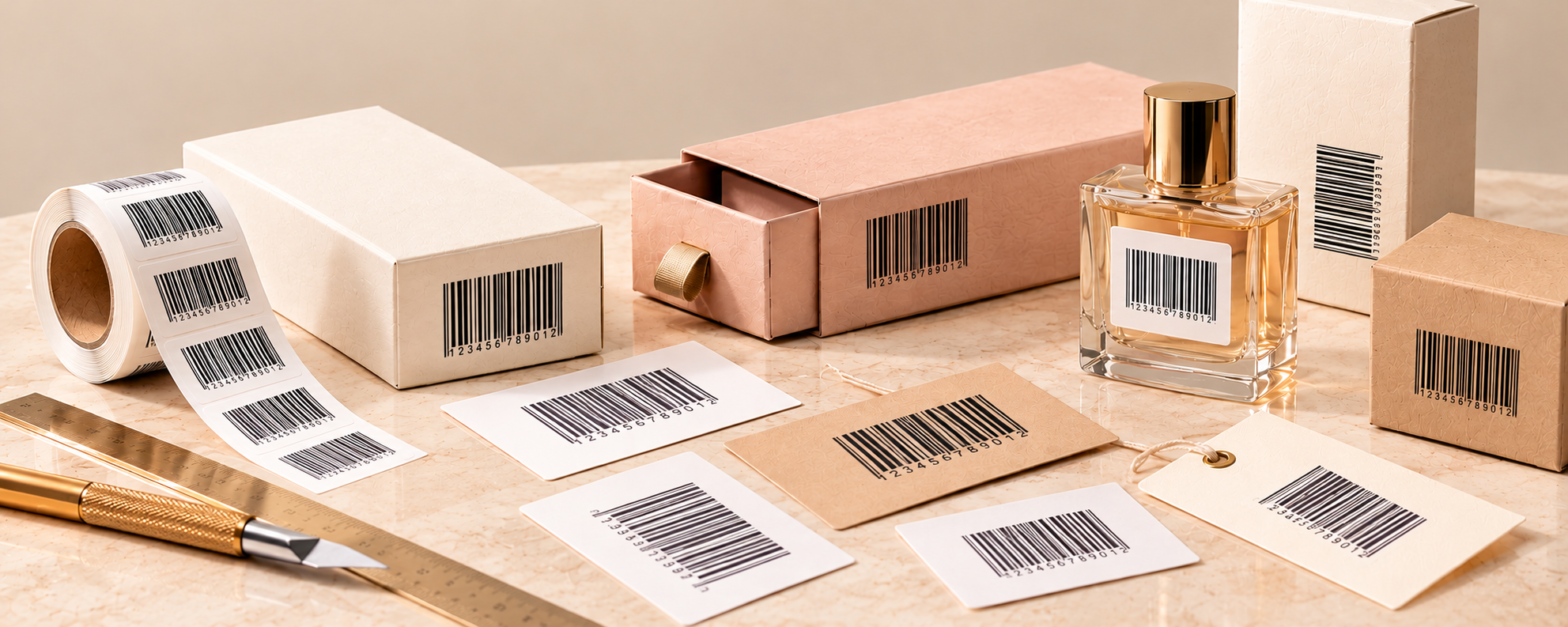 Luxury product packaging with black barcodes arranged on beige marble, featuring ivory and blush boxes, a perfume bottle, barcode label roll, kraft tags, metal ruler, and gold craft knife.