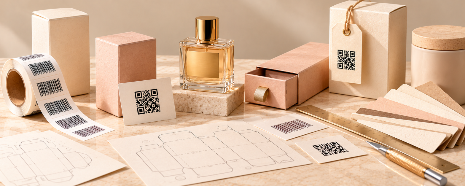 Luxury packaging design workspace featuring an amber perfume bottle, blush and ivory boxes, barcode labels, QR codes, packaging dieline sketches, paperboard swatches, a gold ruler, and a craft knife arranged on a warm beige marble surface.