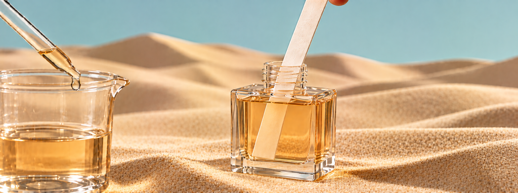 Clear glass perfume bottle filled with amber fragrance on sculpted sand dunes beneath a soft turquoise sky, with a white scent strip dipped into the bottle and a glass pipette suspended over a laboratory beaker in warm daylight.